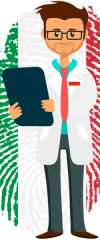 een man, dokter, met de Italiaanse kleuren als achtergrond